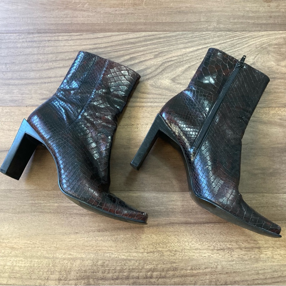 Vintage 90s Snakeskin Leather Ankle Boots Square Toe